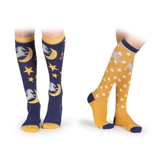 Shires Aubrion Bamboo Socks - 2 Pack - Horse Motif Blue/Yellow - Adult Size