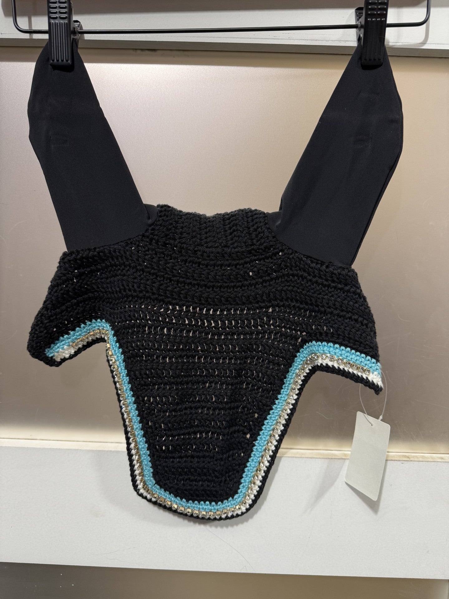 HHR Ear Bonnet - Custom Black with Teal/White/Rhinestone Trim Full