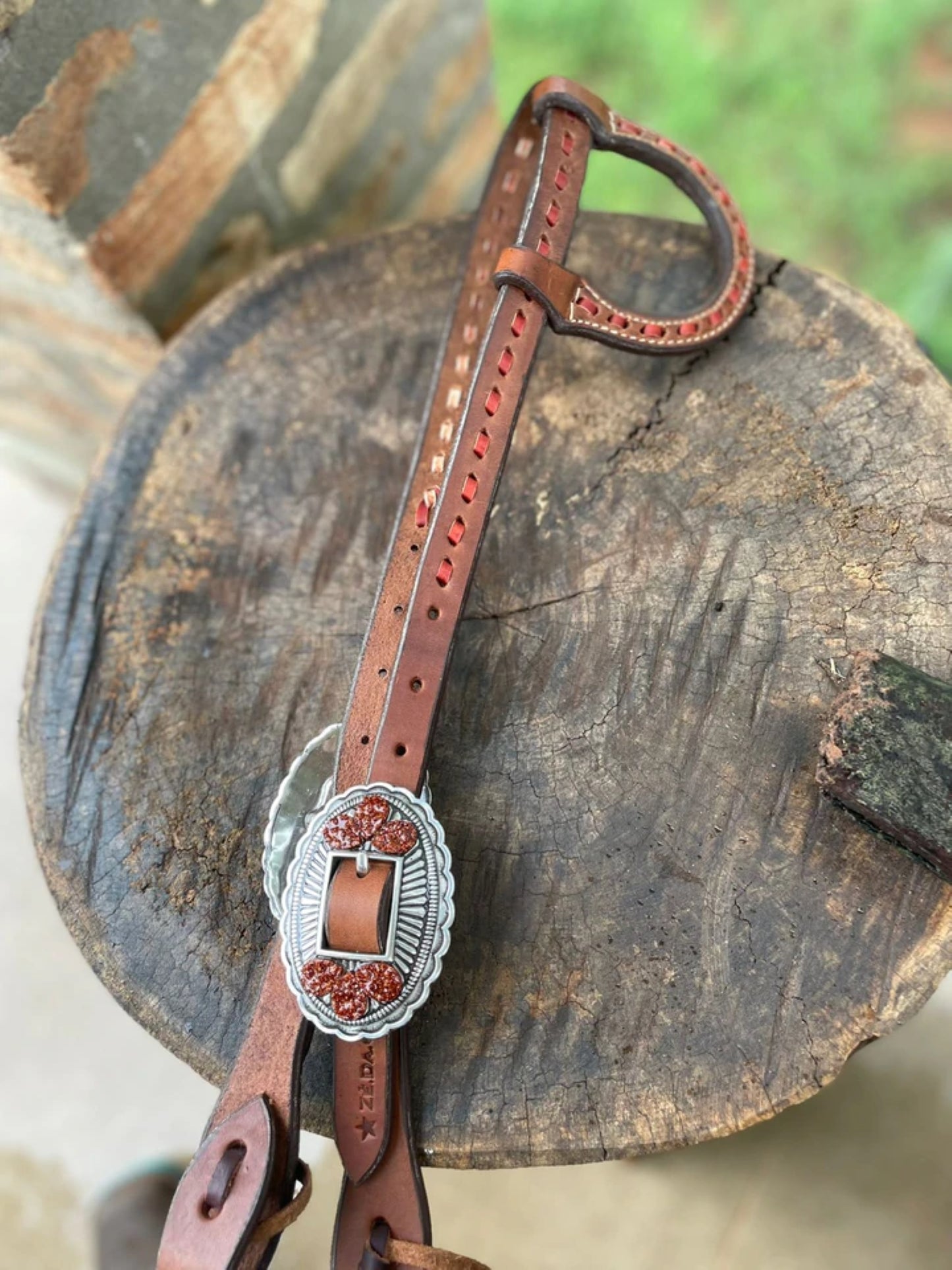 SK Equine - Ze Da Ora One-Ear Western Headstall - Brown laced trimming And Blingy Buckle