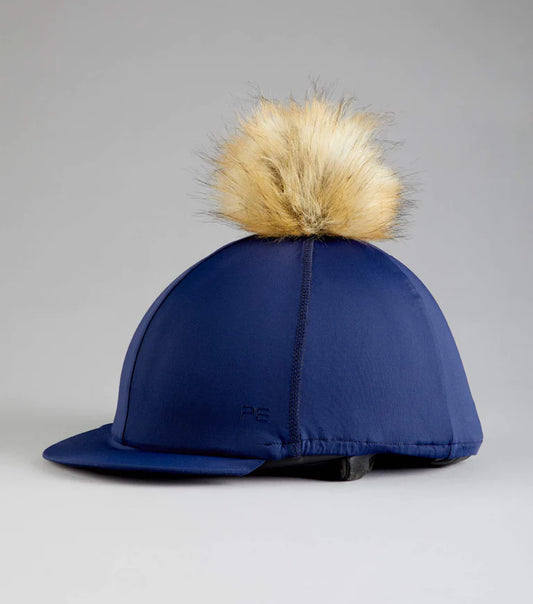 Premier Equine UK Jersey Hat Silk with Faux Fur Pom Pom - Navy