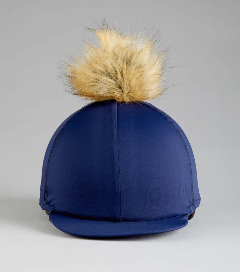 Premier Equine UK Jersey Hat Silk with Faux Fur Pom Pom - Navy