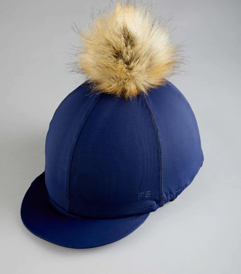Premier Equine UK Jersey Hat Silk with Faux Fur Pom Pom - Navy