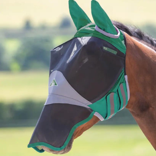 Shires FlyGuard Pro Deluxe Fly Mask With Ears & Nose - Green - Cob - SALE