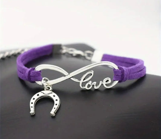 Leather Bracelet - Infinity Love/Horse Shoe Charm - Purple