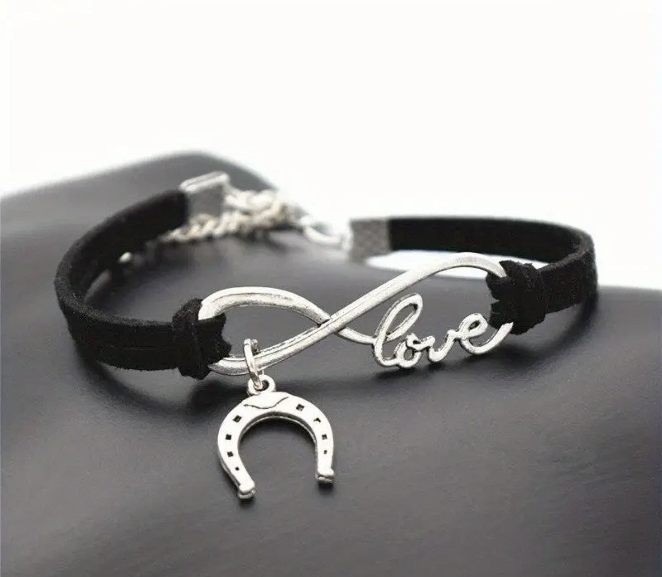 Leather Bracelet - Infinity Love/Horse Shoe Charm - Black