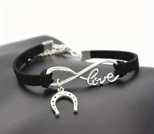 Leather Bracelet - Infinity Love/Horse Shoe Charm - Black