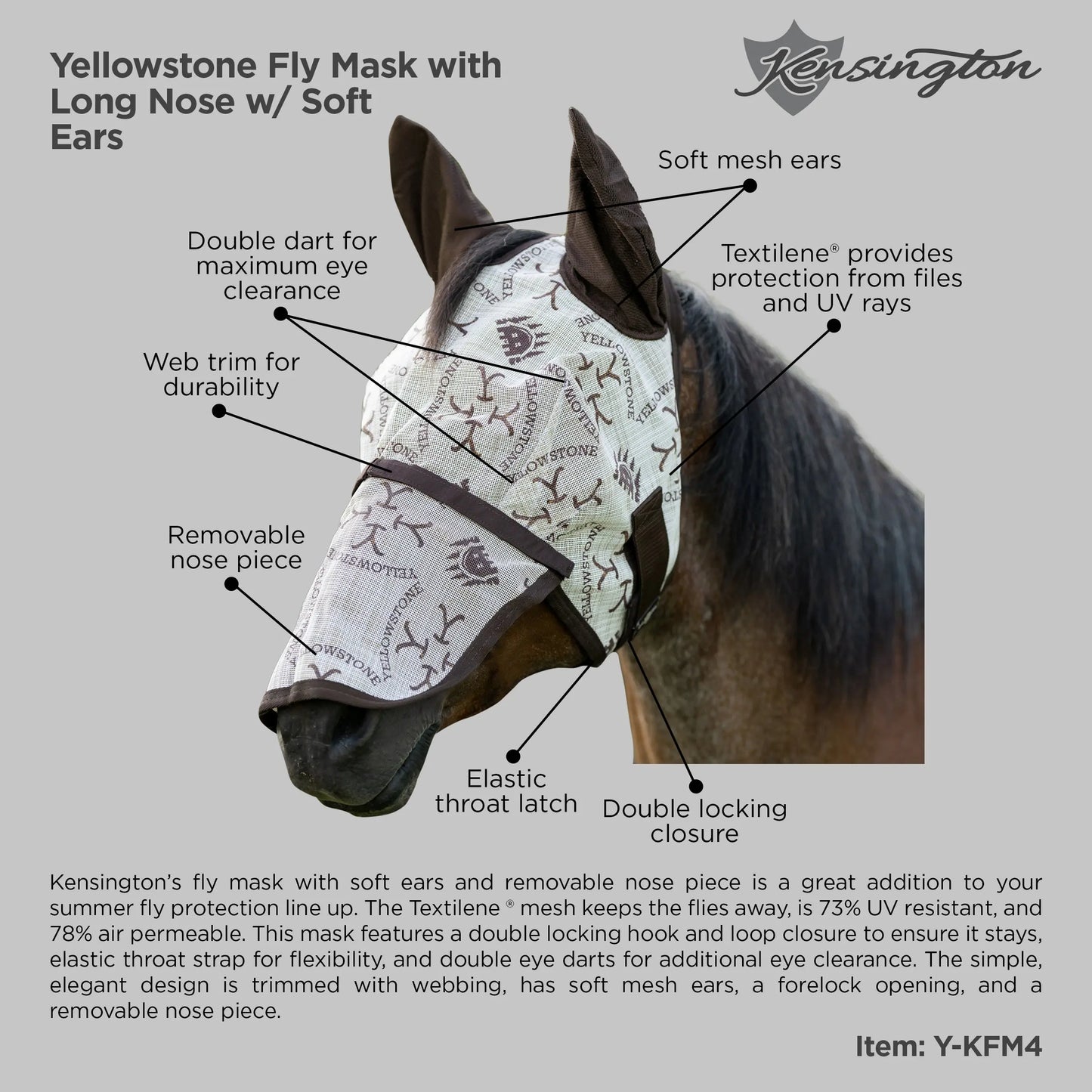 KENSINGTON FLY MASK WITH WEB TRIM, EARS & NOSE - 73% UV PROT -Oversize/XL - Yellowstone