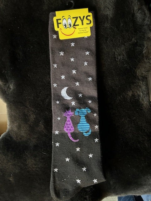 Foozy's Knee High Socks - Star Gazing Cat & Dog - Brown/Black - CLEARANCE - Reg $8